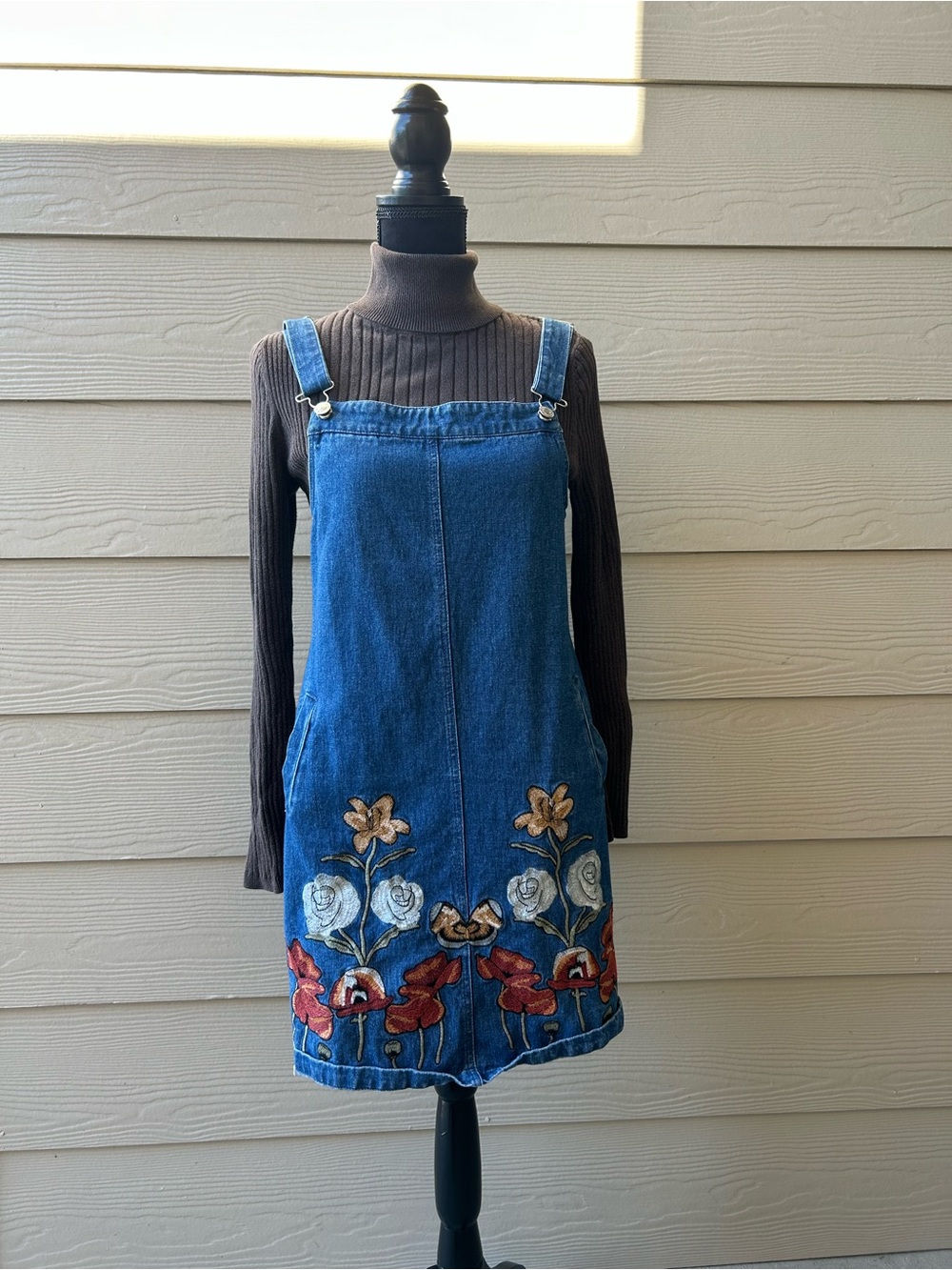 Denim Pinafore Dress with Floral Embroidery - Blue